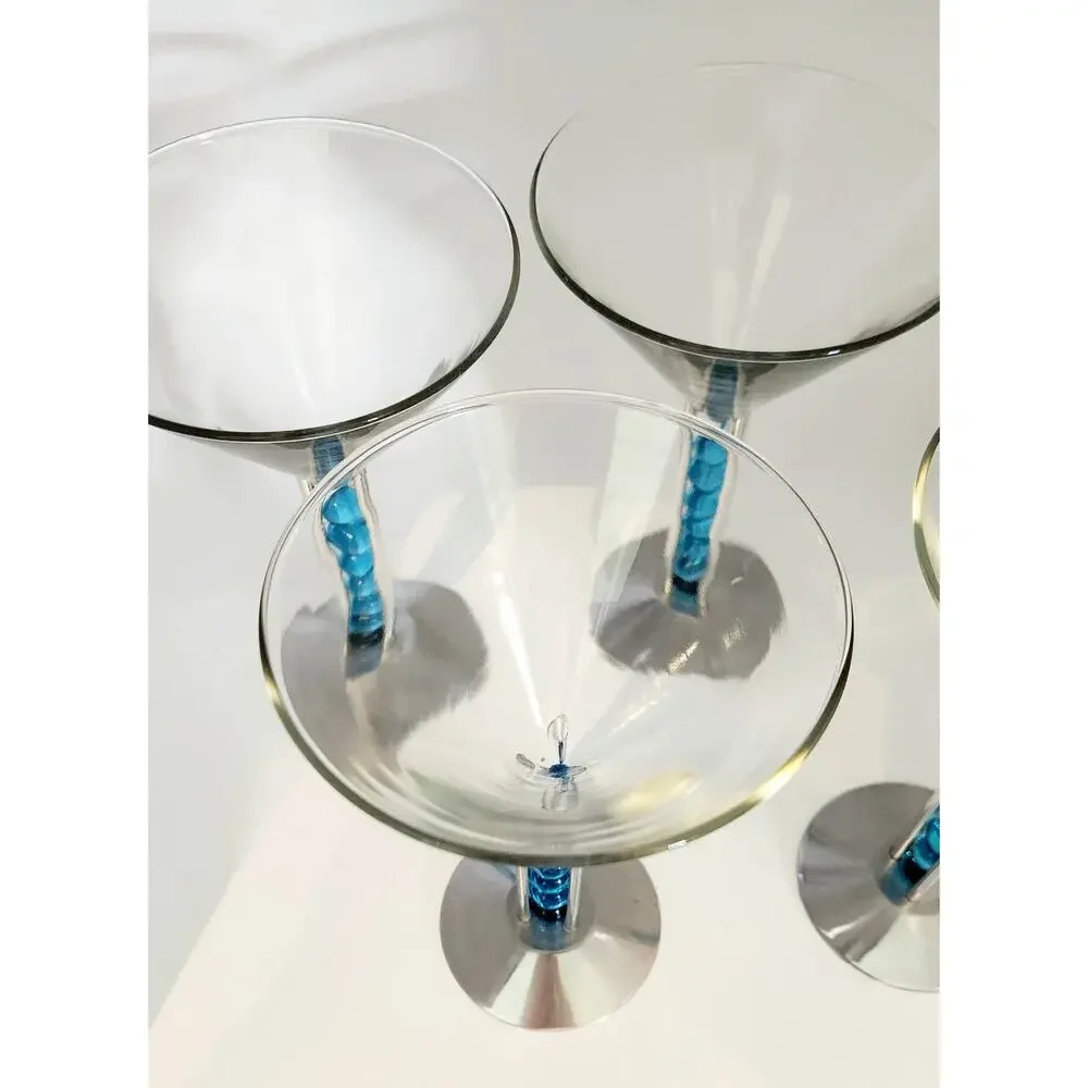 4 Patricia Heaton Bombay Sapphire Martini Glasses Blue Beads 1999 Artglass
